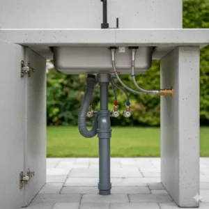 Detailaufnahme des Anschlusssystems für die Außenküche Spüle mit Wasserhahn.