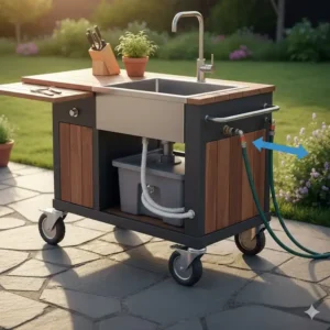 Integrierter Abwassertank unter dem Becken der Spülstation Außenküche Mobil.