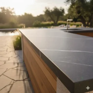 Detailliertes Kantenprofil der robusten Arbeitsplatte Außenküche Wetterfest.