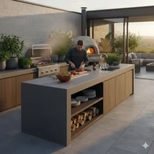 Funktionaler Kochbereich mit Utensilien auf der arbeitsplatte beton außenküche.