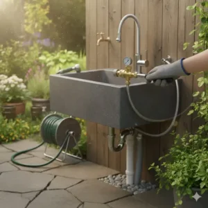 Installierter Druckminderer am äußeren Wasseranschluss, der das Spülbecken versorgt.