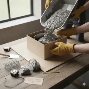 Frischer Beton wird in die Form für die Feuerstelle Beton selber bauen gegossen.