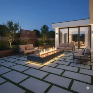 Feuerstelle garten modern design fest in die terrasse integriert, mit umlaufender sitzbank und beleuchtung.