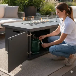 Verstecktes Fach für die Gasflasche der gas feuerstelle tisch terrasse.