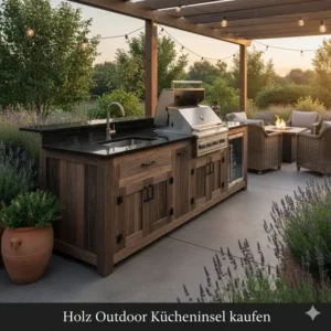 Rustikale Kücheninsel outdoor kaufen aus witterungsbeständigem Holz und Granitplatte.