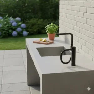 Platzsparender, klappbarer Armatur über einer kleinen Außenküche Spüle mit Wasserhahn.