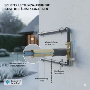 Die spezielle Isolation der Mischbatterie Außenküche frostfrei schützt vor tiefen Temperaturen.