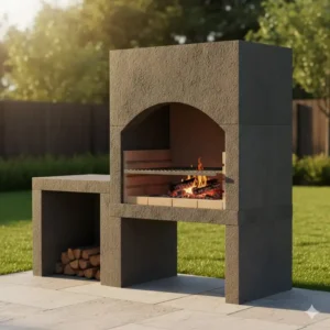 Rustikaler, gemauerter outdoor kamin mit grill aus Beton auf einer Steinterrasse.