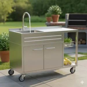 Robuster Outdoor-Spültisch mit Wasserhahn und seitlicher Außenküche Spülbecken mit Ablage.