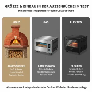 Abmessungen und Integration des Pizzaofens in eine modulare Außenküche.