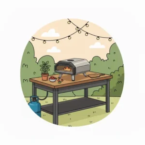 Familie backt gemeinsam Pizza mit dem pizzaofen gas klein garten.