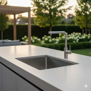 Bündig in die wetterfeste Arbeitsplatte integriertes Einbau spülbecken außenküche edelstahl.