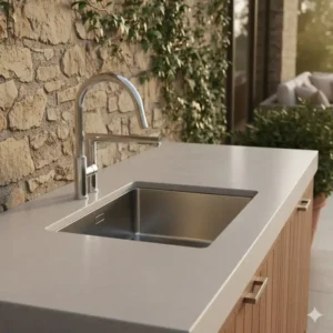 Schwenkbare Armatur neben dem spülbecken für terrasse outdoor.