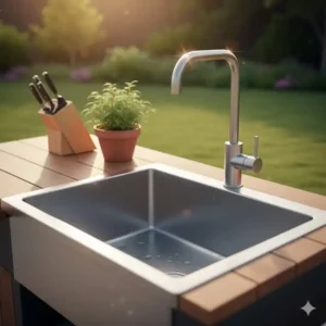 Nahaufnahme des hygienischen Edelstahlbeckens der Spülstation Außenküche Mobil.