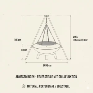 Technische Zeichnung mit den genauen Abmessungen der Feuerstelle mit Grillfunktion (Rundform).