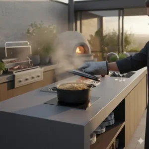 Demonstration der Hitzebeständigkeit auf der arbeitsplatte beton außenküche.