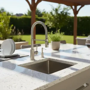 arbeitsplatte granit außenküche mit integrierter edelstahlspüle