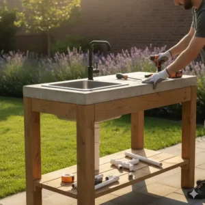 Beispiel für eine selbst gebaute Außenküche Spüle mit Wasserhahn (DIY-Projekt).