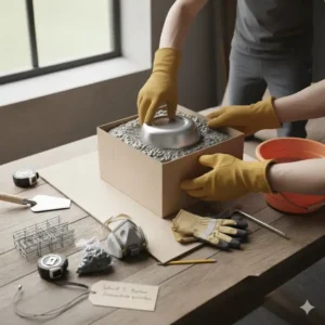 Einsetzen des feuerfesten Einsatzes in den Beton beim Feuerstelle Beton selber bauen.