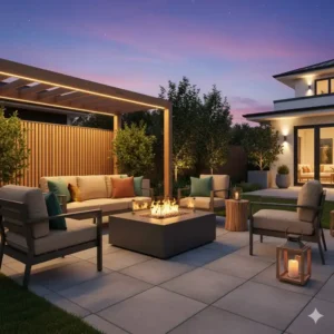 Feuerstelle garten modern design umgeben von einer modernen loungesitzgruppe, einladend und komfortabel.