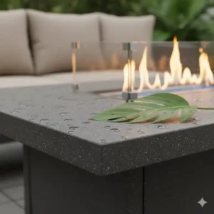 Detailansicht des robusten Materials der gas feuerstelle tisch terrasse.