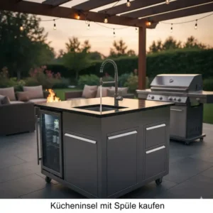 Detaillierte Ansicht einer Kücheninsel outdoor kaufen mit Spüle und Wasserhahn.