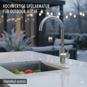 Modernes und wetterfestes Design der Mischbatterie Außenküche frostfrei.