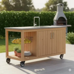 Mobiles Waschbecken für die Terrasse als flexible Außenküche Spülbecken mit Ablage.