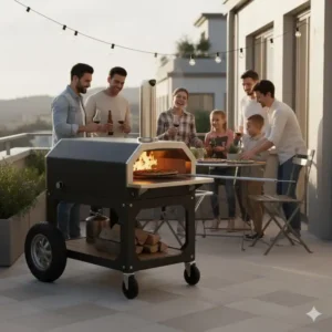 Gemeinschaftliches Backen am Pizzaofen mobil für Terrasse bei einer Gartenparty.