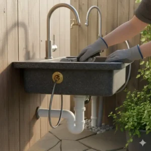 Siphon-Montage unter dem Gartenspülbecken zur Vermeidung von Gerüchen.