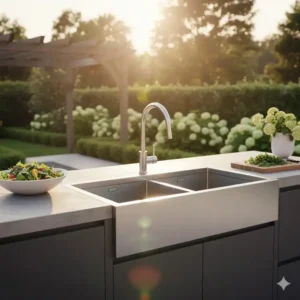 Funktionelles Doppel spülbecken außenküche edelstahl für die getrennte Reinigung und Vorbereitung.