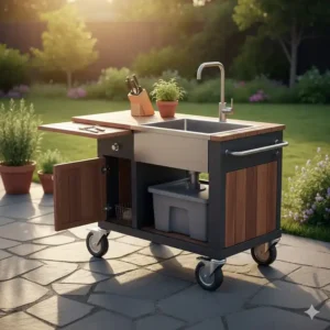 Ausklappbare Arbeitsfläche und Stauraum an der Spülstation Außenküche Mobil.