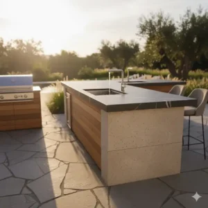 Elegante Gesamtansicht der Arbeitsplatte Außenküche Wetterfest in Gebrauch.