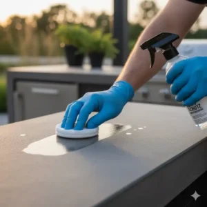 Auftragen der schützenden Versiegelung für die arbeitsplatte beton außenküche.