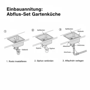 Schemazeichnung oder Foto der Einbauanleitung für das Abfluss Set der Gartenküche.