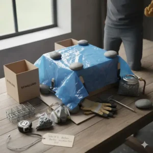 Die fertig gegossene Feuerstelle Beton selber bauen härtet unter Abdeckung aus.