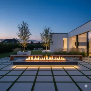 Feuerstelle garten modern design in minimalistischer ästhetik, lange form mit klaren linien und integrierter beleuchtung.
