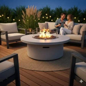 Runde Ausführung der gas feuerstelle tisch terrasse als Mittelpunkt.