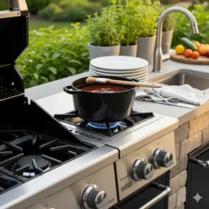 Ein Topf mit Grillsauce köchelt auf dem gasgrill mit seitenbrenner in einer Außenküche.