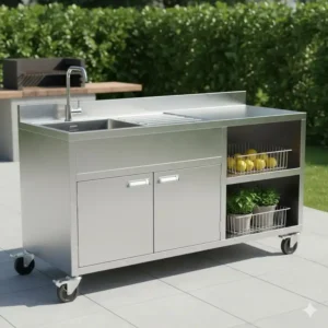 Gewerbliches (Gastro-) Edelstahlspülbecken als Außenküche Spülbecken mit Ablage für den Außenbereich.