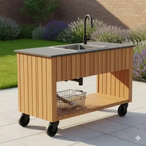 Rollbare, mobile Einheit mit einer Außenküche Spüle mit Wasserhahn aus Edelstahl.