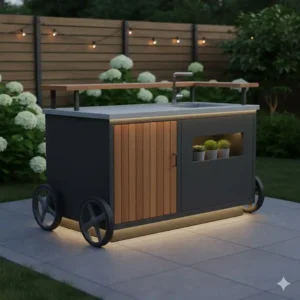 Mobiles Inselmodul der modul küchenmöbel garten mit Rollen für flexible Positionierung.