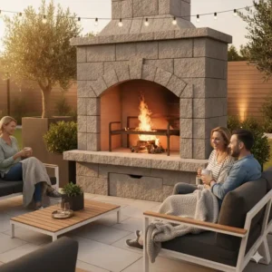 Gemütliche Abendstimmung auf der Terrasse neben dem leuchtenden outdoor kamin mit grill.