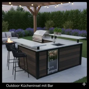 Elegante Kücheninsel outdoor kaufen mit Bar-Aufsatz und Hockern für geselliges Kochen.