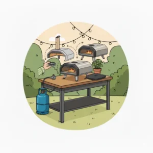 Zutaten (Tomaten, Basilikum) neben dem pizzaofen gas klein garten auf einem Holztisch.