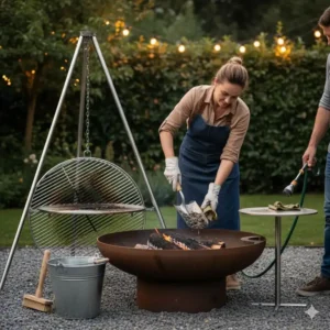 Einfache Reinigung und Entleerung der Asche aus der Feuerstelle mit Grillfunktion nach der Benutzung.