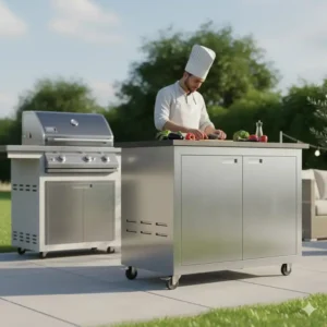 Modulare Erweiterung mit dem Schrank Außenküche Edelstahl neben einem Grill