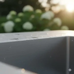 Detail der robusten und pflegeleichten Oberfläche des gebürsteten spülbecken außenküche edelstahl.