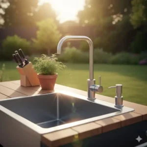 Detailansicht der Armatur (Wasserhahn) und Seifenspender an der Spülstation Außenküche Mobil.