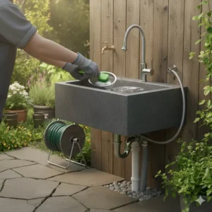 Ablauf-Sieb des Garten-Spülbeckens für einfache Reinigung und Schutz des Abwasseranschlusses.